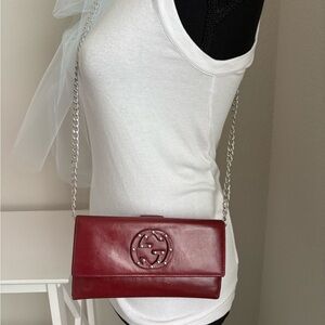 GUCCI Deep Dark Red Leather GG Stud WALLET, Silver Chain & Gucci Dust Bag